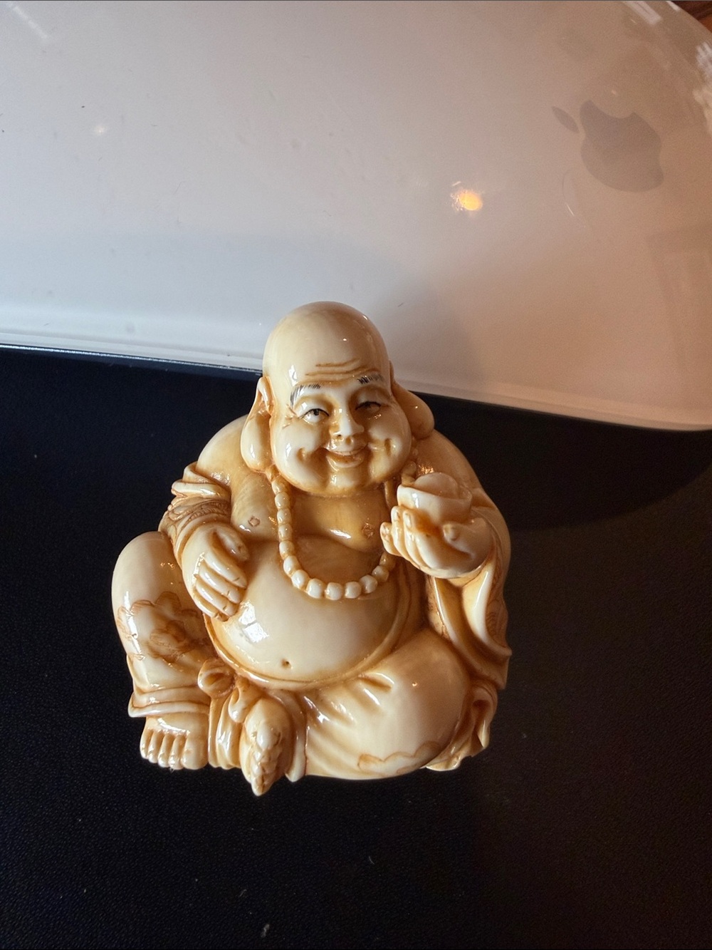 Hand-Carved Cream Laughing Buddha Figurine by